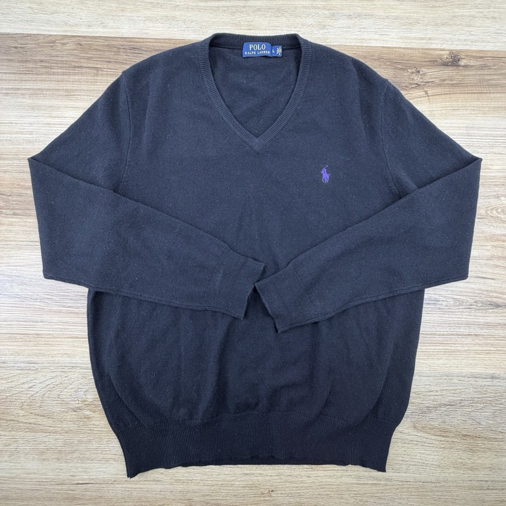 Polo Ralph Lauren Sweater Mens L Black‎ Italian Merino Wool V Neck Pony Preppy